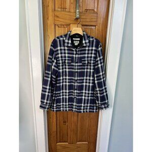 LL Bean Fleece Lined Flannel Shirt Jacket Mens Med Shacket Plaid Blue Red